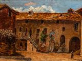an oil painting of a street scene with a building and a horse
