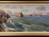 an image of a painting of boats in the ocean near rocks