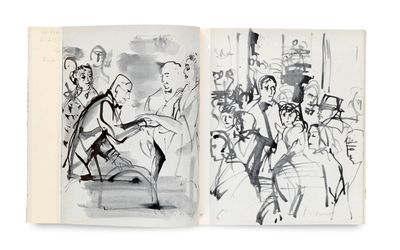 un livre ouvert contenant des dessins en noir et blanc représentant des personnes dans la rue