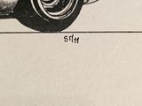 drawing of a black and white image of a car with a flat tire