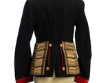 an image of a black jacket with gold trimmings on a mannequin dummy