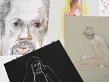 a drawing of a man sitting on the floor next to a drawing of a woman