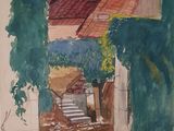 a watercolor painting of a house with a staircase going up to it