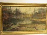 an oil painting of a river in a wooded area with trees in the background