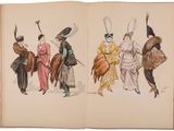 two pages of a book with drawings of people dressed in fancy clothing