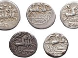 six ancient roman coins with the image of a horse and a man on a horse