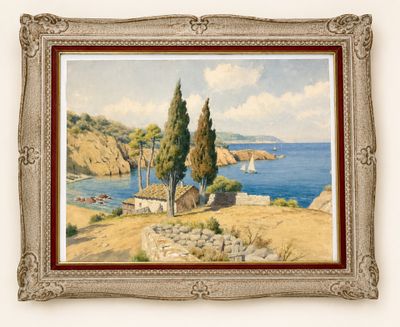 une image représentant un tableau représentant un paysage avec un bateau sur l'eau