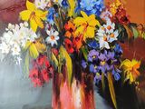 a painting of flowers in a vase on a table