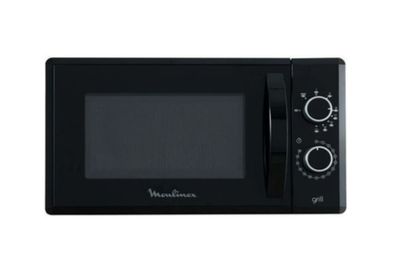 four à micro-ondes noir avec commandes électroniques sur fond blanc