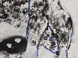 a black and white drawing of a dog with blue lines