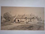 une vieille photo représentant une ferme avec une maison et deux chevaux