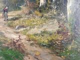 an oil painting of a man riding a horse down a dirt road