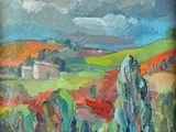 une peinture représentant une peinture d'un paysage avec des arbres et des nuages