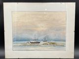 tableau représentant deux bateaux sur un plan d'eau, avec une montagne en arrière-plan