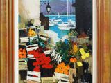une image représentant un tableau d'un étal de fruits avec un bateau en arrière-plan