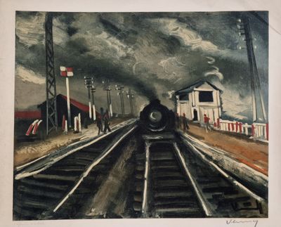 une peinture d'un train descendant les rails