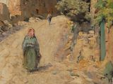 tableau représentant une femme marchant sur un chemin de terre dans un village