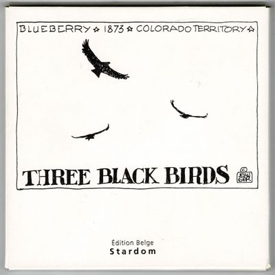 un oiseau noir volant dans le ciel sur fond blanc