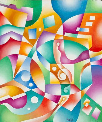 une peinture représentant des formes et des lignes colorées sur fond blanc