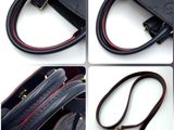 four photos of a black purse with red trims and a gold clasp