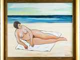 une peinture à l'huile représentant une femme nue allongée sur une serviette à la plage