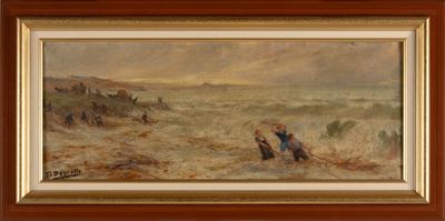 an oil painting of a group of people on a beach
