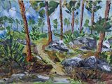 une peinture représentant des rochers et des arbres dans les bois