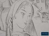 pencil drawing of a woman in a headscarf and a man in a chair
