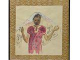 un tableau représentant une femme tenant un foulard au-dessus de sa tête