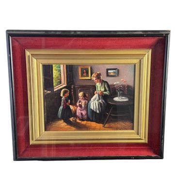 tableau à l'huile encadré représentant une famille dans un salon, près d'une fenêtre