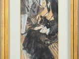 an image of a painting of a woman sitting on a bench