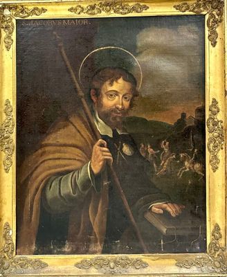 painting of a saint holding a staff in a golden frame