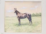 a painting of a horse standing in a field