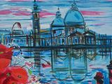 painting of red poppies in front of a church and a body of water with a clock tower in the background
