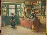 a painting of a woman in a store with a cat