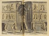 an old book with a bunch of drawings of people in a building