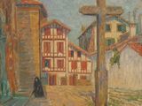 painting of a woman walking down a cobblestone street in a town
