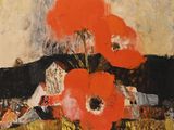 a painting of red flowers in a vase on a table