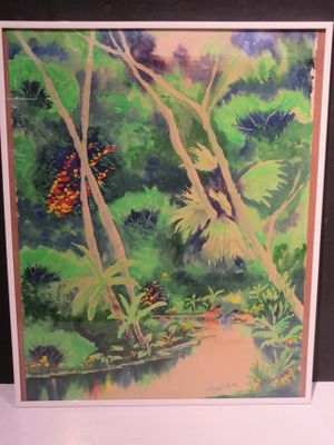 a picture of a painting of a bird in the woods