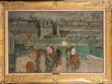 a painting of a group of people riding horses in a field