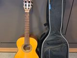 guitar case and acoustic guitar sit next to each other on the floor