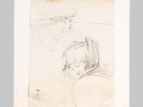 an old drawing of a woman with her head in her hands