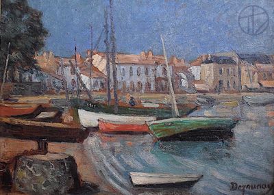 a painting of boats in a harbor with buildings in the background