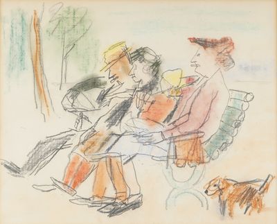 drawing of three people sitting on a bench with a dog