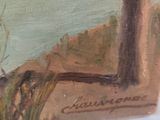 an oil painting of a tree in a field with a sky in the background