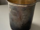 a silver cup that is sitting on a table