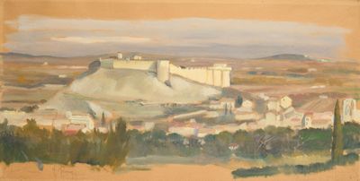 tableau représentant une vue d'une ville avec un château au loin