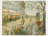 un tableau représentant une femme marchant dans la rue avec un parapluie