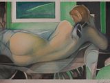 painting of a nude woman laying on a chair in front of a window