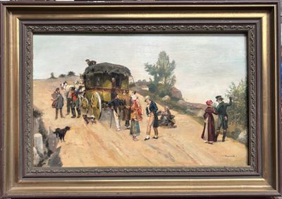 un tableau représentant un groupe de personnes marchant sur un chemin de terre